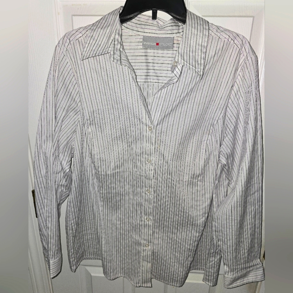 Avenue- White/Purple/Black Striped Button-Up Shirt